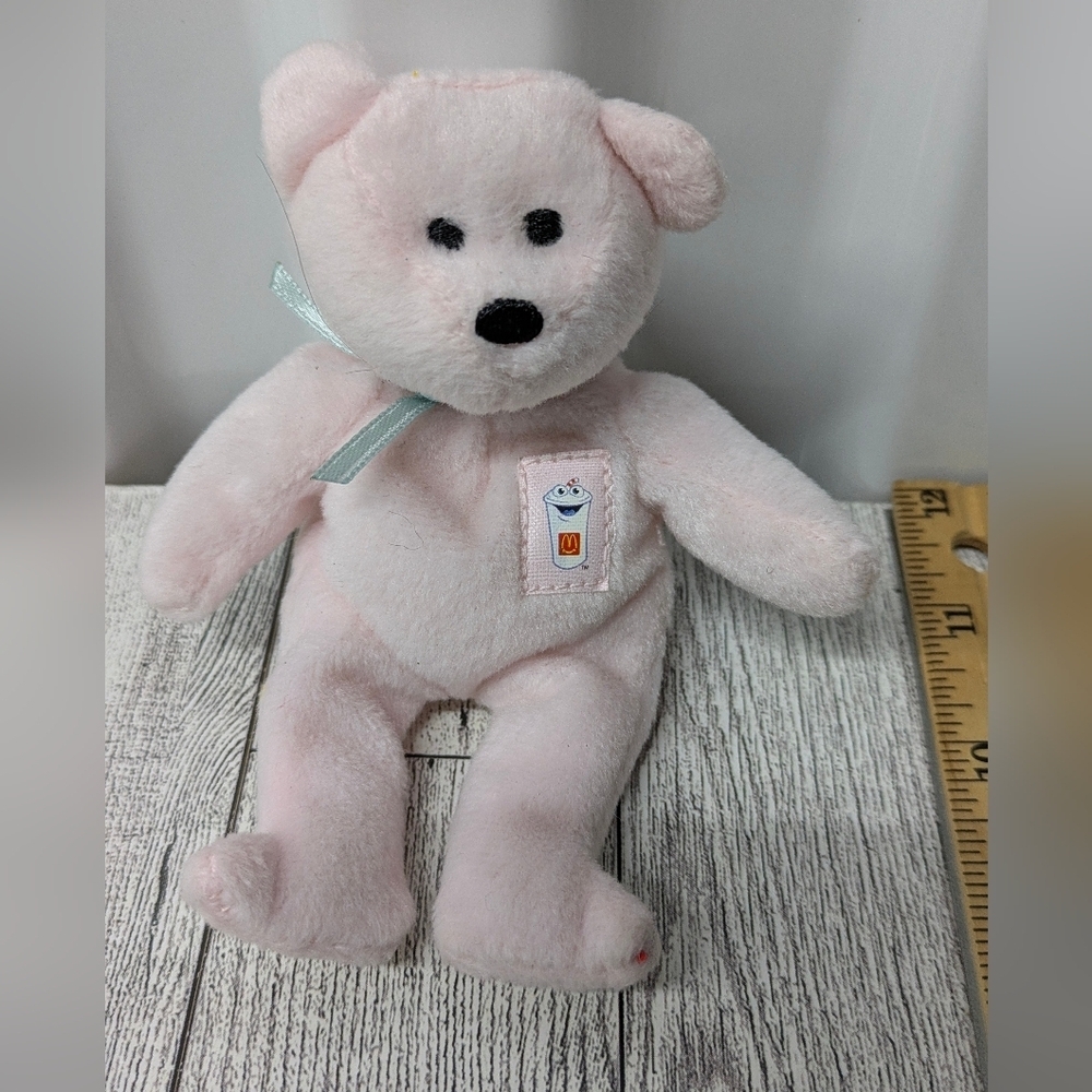 Ty McDonald's Light Pink Stuffed Bear with Blue Ribbon